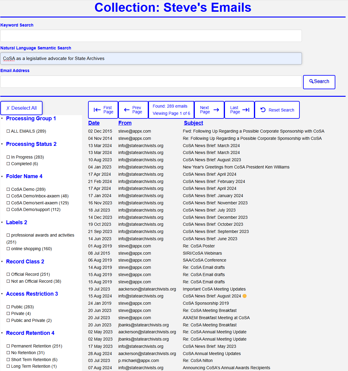QEPS Search page for a published email collection, with keyword, natural-language, and email-address searches; collection filters; and email results.